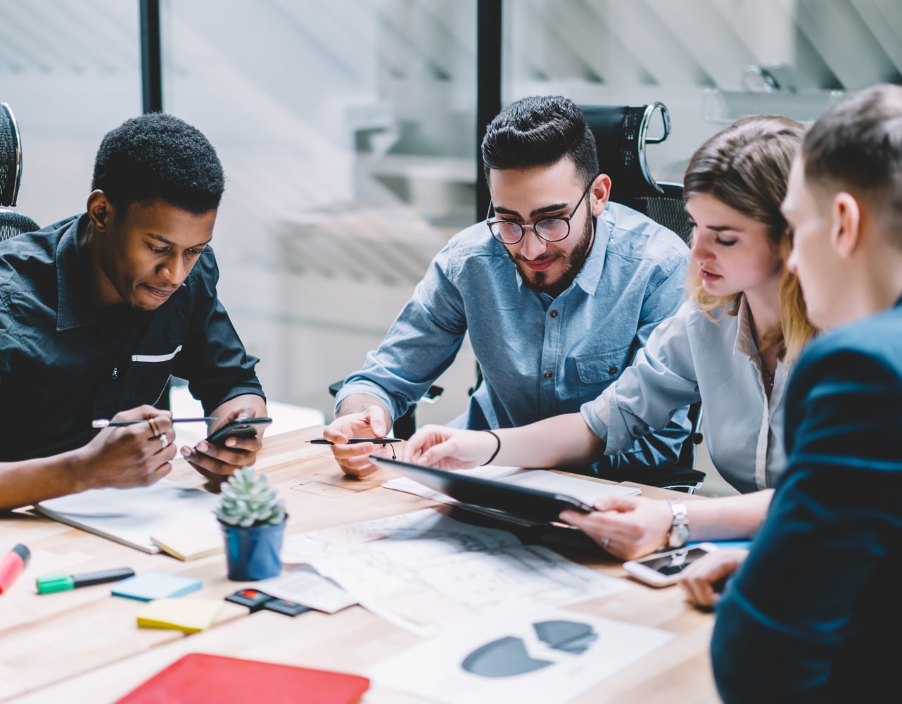Workers in a hybrid office setting